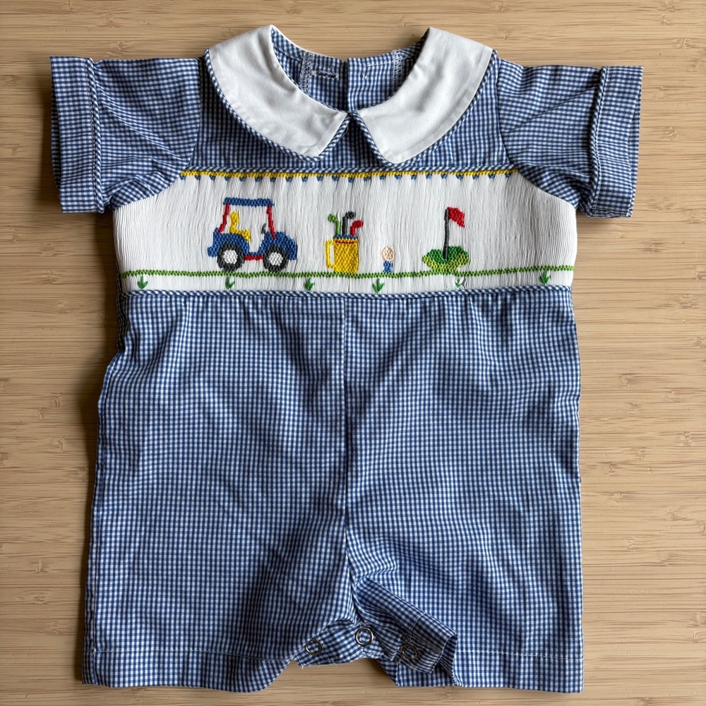 Blue gingham baby shortall romper with embroidered design